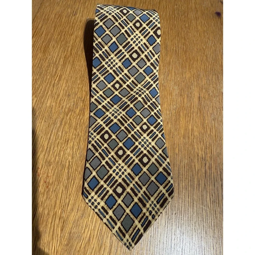 Brooks Brothers Makers Tie Silk USA Vintage Geometric Plaid Blue Tan 3.5